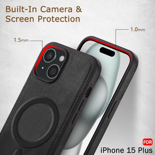 Image of TheGiftKart Genuine Leather Finish Back Cover Case for iPhone 15 Plus | Shockproof Design | Raised Edges for Camera & Screen Protection | Stunning Minimalist Design Case (MagSafe Compatible, Black)