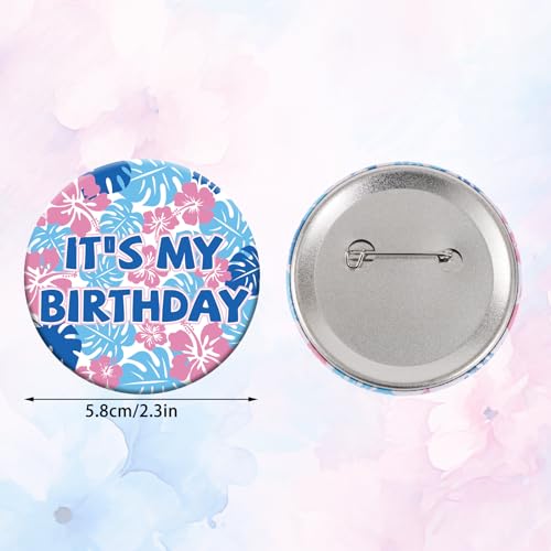 It’s My Birthday Button, 2.3in Happy Birthday Badge Pin with Hibiscus Blossom & Palm Leaf Design for Boys Girls Men & Women Party Badge Brooch Decorations Supplies (Pink, Blue)2