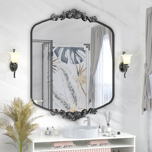 SMIROR Arched Antique Mirror 40x 32 Black Arch Vintage Mirror for Wall Metal Framed Baroque Mirror for Bathroom Vanity Mantel