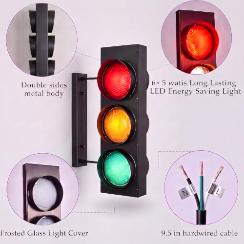 Image of Traffic Light Wall Lamp Remote Control Retro Kids Bedroom Stop Light, Industrial LED Wall Sconce, Double Sided Vintage Fun Classroom Lights for Home Office Bar Garage Car Room Decor Christmas