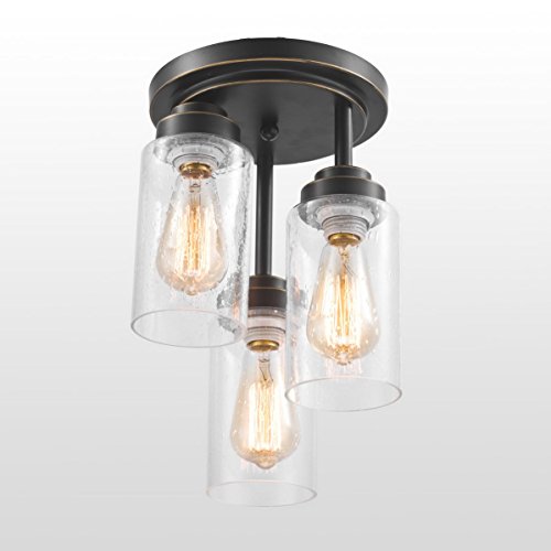 Image of DAYCENT Vintage Farmhouse Flush Mount Ceiling Light Fixture Hallway Kitchen Lighting with Cylinder Seeded Glass, 3-Light, Oil Rubbed Bronze