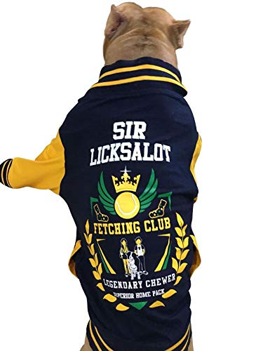 Doxters Dog Varsity Jacket Xtra Large, for Labrador, German Shepherd, Golden Retriever, Sir Licks a Lot, Fetching Club Sports Jacket Yellow and Navy Blue, Yellow & Navy Blue S30