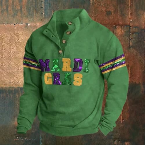 Mardi Gras Shirt for Men Long Sleeve Casual Loose Henley Sweatshirts Pullover Big Tall Buttons Holiday Sequin Top2