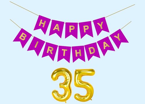 Image of 35th Happy Birthday Decoration Kit Purple for 35 year Old Boys Girls Men with Number Thirty-five Party Decorations Decor Celebration Items Item Set Combo Reusable Paper Banner