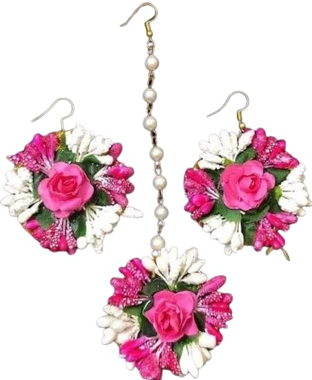 GINNI COLLECTION Floret Jewellery Pink Flower Gota Patti Earrings And Maang Tika for Women & Girls (Mehandi/Haldi/Wedding/Bride) (B0CZZXR1SG) Amazon Price History, Amazon Price Tracker