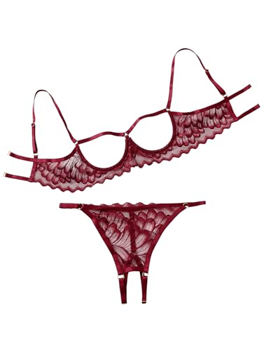 Image of Lilosy Sexy Underwire Floral Lace Sheer Lingerie Set for Women See Through Bra and Panty 2 Piece