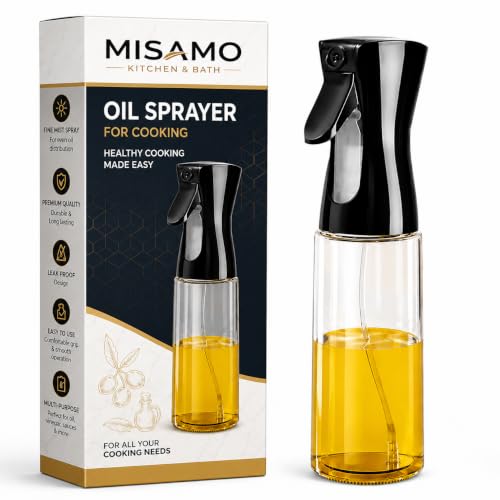 Misamo Enterprise Oil Sprayer, 220ml Glass Oil Spray Bottle, Black | Fine mist spray, leak-proof design, refillable, food-grade glass, BPA-free, easy 