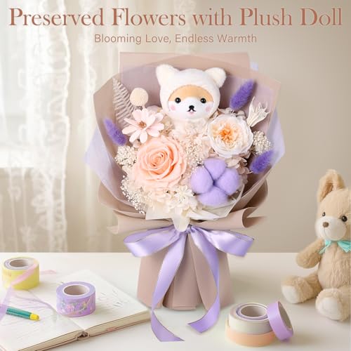 Forever Flowers Bouquet with Cute Doll - Preserved Flowers for Delivery, Real Eternal Roses Bouquet for Mothers, Mom, Girlfriend, Wife Anniversary Birthday Gifts for Women Men - Image 3