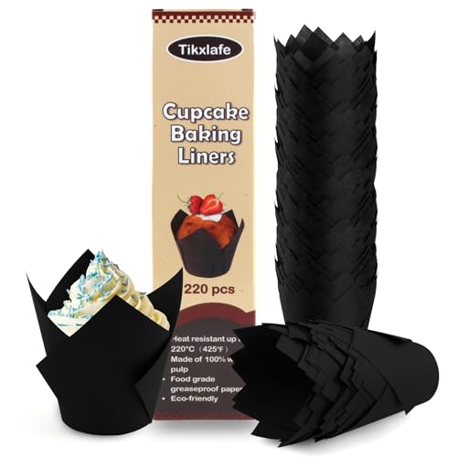 220pcs Tulip Cupcake Liners for Baking Cups,Greaseproof Cupcake Wrappers in Standard Size,Parchment paper Tulip Muffin Liners,Black