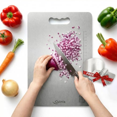 Image of Premium 304 SS Grade Stainless Steel Chopping Board Large 35x25 cm with Free Steel Finger Protector- Durable Rust-Resistant Cutting Board Steel, Heavy-Duty Fruits & Vegetable Cutting Board