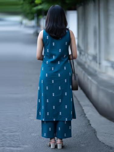 Image of GoSriKi Women's Viscose Printed A-Line Kurta with Pant | Sleeveless Ethnic Kurta Set for Women | Casual Office Kurta Pant Set | Festive & Daily Dress Traditional Outfit
