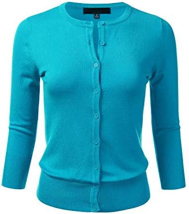 Women's Button Down 3/4 Sleeve Crew Neck Knit Cardigan Sweater Turquoise S