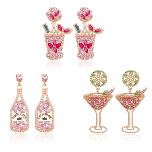 NATTASOUL 3 Pairs Champagne & Martini Glass Earrings Dangling Novelty Colorful Handmade Wine Glass Alcohol Goblet Beach Holiday Earrings Gifts Drink Studs Dangling Set Pack for Women Party Birthday Gift