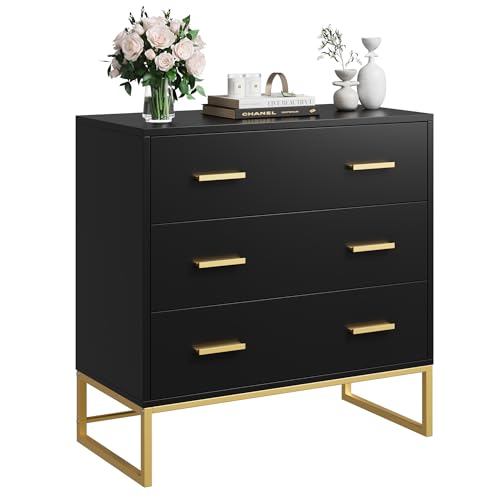 Image of FOTOSOK 3 Drawer Dresser, Black Dresser with Gold Metal Frame, Small Dresser Chest of Drawers for Home Office, 31.4L x 15.3W x 31.8H
