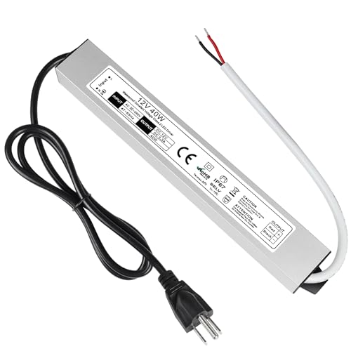 Image of LightingWill LED Driver 40 Watts Waterproof IP67 Power Supply Transformer, 90-265V AC to 12V DC Low Voltage Output, Adapter with 3-Prong Plug 3.3 Feet Cable for Outdoor Use, Computer Project