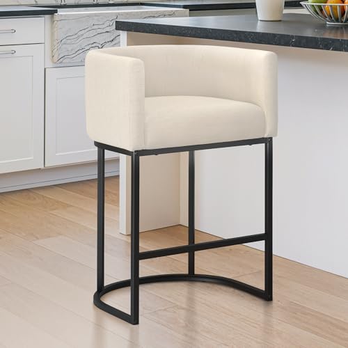 Image of LUE BONA Counter Height Bar Stools, Modern Barrel Counter Stools with Backrest and Arms, Black Metal Frames, Linen Fabric Upholstered Barstools for Kitchen, Light Linen Color