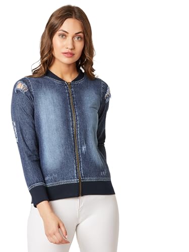 Image of Miss Chase Women's Polo Neck Full Sleeves Patch Pocket Denim Overcoat Knee-Length Jacket