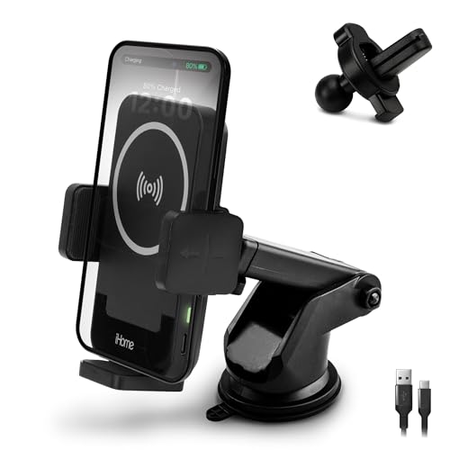 Image of iHome Car Mount, Dashboard /Windshield /Vent Mount, Swivel Neck, Silicone Grip, Adjustable Mount Arm with Suction Cup Base (Wireless Charging Car Mount)