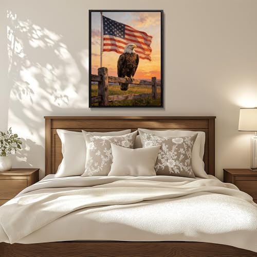 Image of American Flag Framed Canvas Wall Art, 4th of July Red White Blue Canvas Prints, USA Flag with Bald Eagle Patriotic Decorations, Vintage Independence Day Wall Decor for Bedroom Living Room 20x24