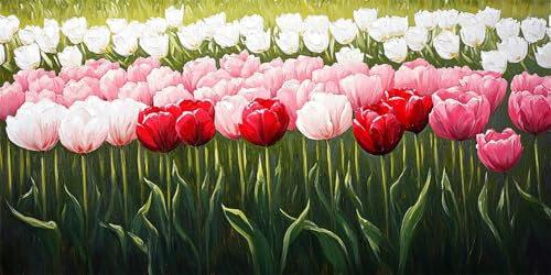 Pintar por Numeros Adultos rosa,Pintar por Numeros tulipán,Manualidades para Pintar con Numeros,DIY Kit con Pinceles Pigmento Acrílico,Decoración de Pared del Hogar 70x140cm (con Marco) E-1109