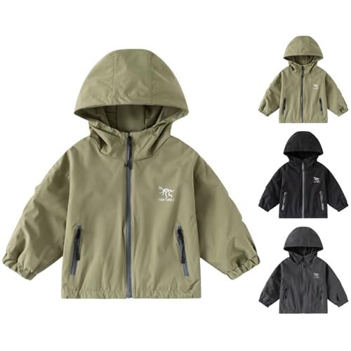 Boys Girls Waterproof Hooded Jacket for Kids Dinosaur Graphic Lightweight Zip Up Rain Coat Outdoor Windbreaker