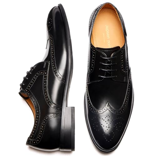 Image of Men's Dress Shoes, Genuine Leather Oxford Shoes for Men, Wingtip Brogue and Plain Toe Lace Up Formal Business Wedding Derby Shoes