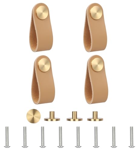 Lollanda 4 Stück Ledergriffe Für Möbel, Schrankknöpfe Mit Schrauben, 13 x 2,5 cm Türgriff für Küche, Bad, Schränke, Kommode, Holz, Kleiderschrank (Fleisch, 4)