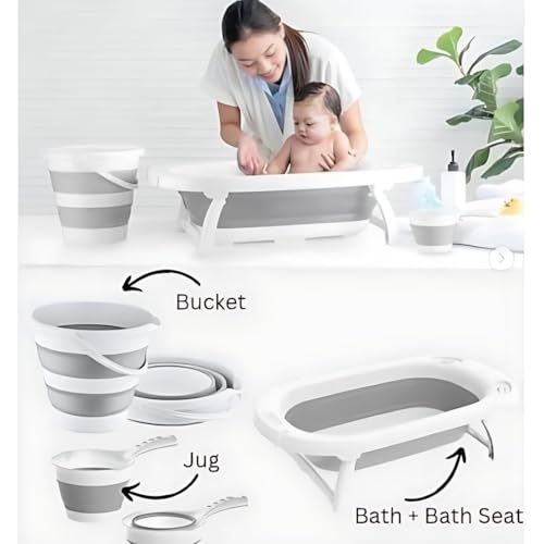 Image of Toriox New Born Baby Bathtub Plastic Safety Bath Tubs Set Bath Rack Household Baby Bathtub for Kids Seat Portable & Space-Saving 4 in 1 Bathtub with Support Bathnet,Bucket & Mug