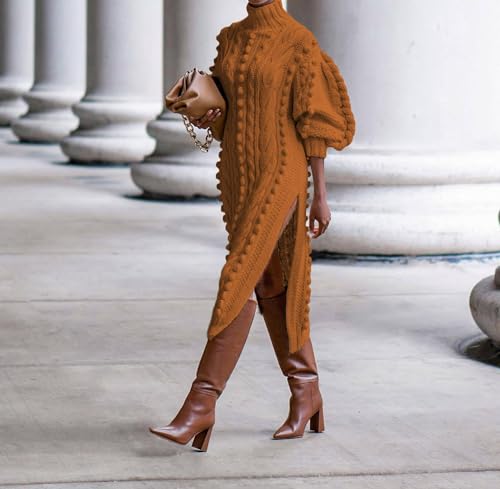 Women Puff Long Sleeve Turtleneck Maxi Sweater Dress Casual Popcorn Cable Knit Side Slit Pullover Dresses4