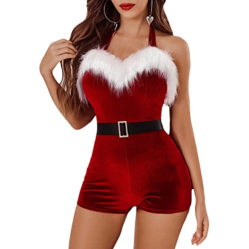 Nicoxijia Womens Sexy Santa Costume Velvet Romper Halter Bodysuit Shorts Jumpsuit Xmas One Piece Mrs. Claus Lingerie Outfit (Red M)