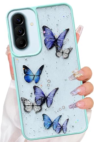 Image of VONZEE for Samsung Galaxy A57 Clear Glitter Butterfly Case, Cute Bling Sparkle Shiny Soft Silicone TPU Bumper Shockproof Women Girls Slim Protective Phone Cover for Samsung Galaxy A57, Mint