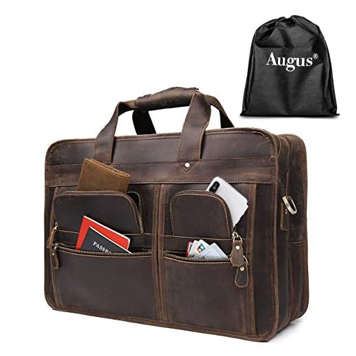Augus 17 inch Full Grain Leather Laptop Briefcases for Men Business Travel Messenger Bag with YKK Metal Zipper Brown