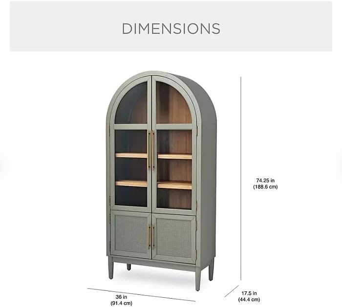 Durable Arched Cabinet with Rattan Doors and Tempered Glass Doors (Green)