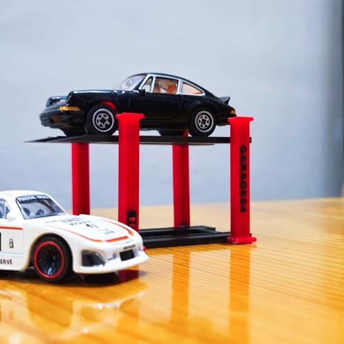 Image of 1 /64 Scale 2 Tier Car Lift Diecast Garage Diorama Accessory for Hot Wheels, Matchbox, Greenlight - Two-Tier Display Car Lift with Red Pillars & Black Base Set of 2 (RED-Black)