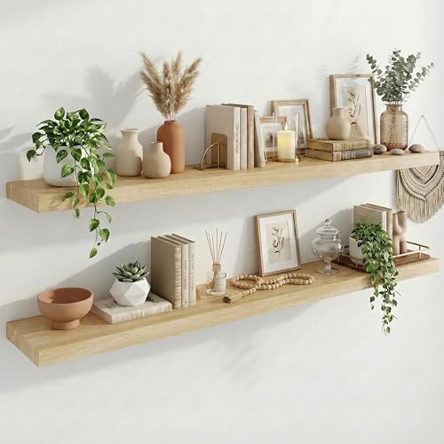 Image of IAE Floating Wall Shelves 72 inch,Bathroom Shelf Wall Mounted,Invisible Shelf Floating Kitchen Shelves,Wooden wall Shelving with Brackets for Living Room wall Mounted,Easy Install,Set of 2,Natural