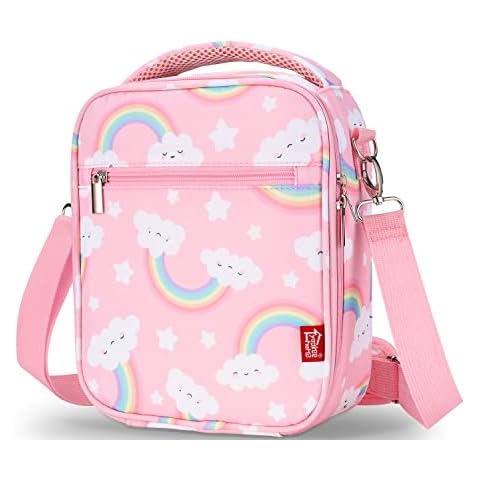 Lunch Box for Kids Girls Insulated Lunch Bag with Shoulder Strap and Pocket Pink Cute Lunch Cooler Thermal Meal Lunch Tote Bag for School Travel Outdoor, Rainbow Lunchbox, Practical Gif Cover