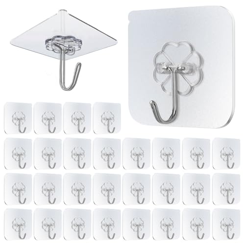WOUMON 30 Piezas Ganchos Adhesivos, Gancho Adhesivo Pared Transparentes Para Cocina, Baño, Techo, Puerta, Máxima 10kg (Estilo 1)