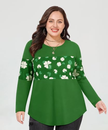 Image of CARCOS Plus Size Tops for Women Color Block Flower /Striped /Camo Crew Neck Long Sleeve Tee Shirt