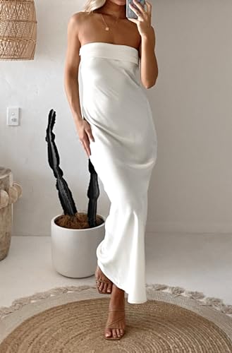 Image of MEROKEETY Women's Summer Satin Strapless Bodycon Dress 2026 Backless Tube Wedding Guest Cocktail Formal Party Maxi Dresses