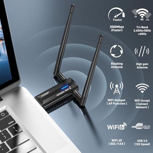 Image of EDUP USB 3.0 WiFi 6E Adapter for PC, AX3000M, Mt7921au, 802.11ax | Tri-Band 6G /5G /2.4GHz, Wi-Fi Dongle Wireless Network Card, Support Windows 11 /10 ( Install Driver ) & Linux ( Free Driver )