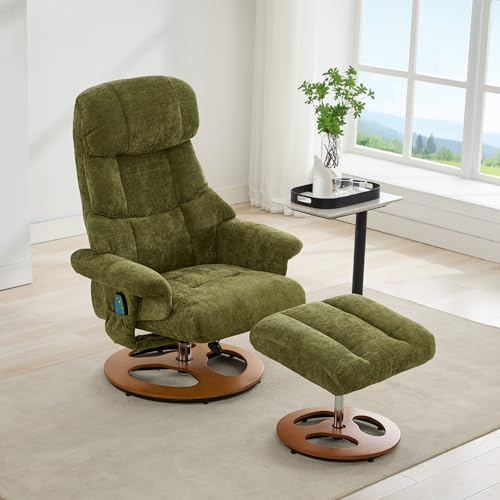 LAKFEW Sillon Relax Reclinable Electrico con Reposapiés, Sillon Relax Girar 360° con Masaje y Función de Calefacción, Sillón Reclinable Butaca Sillones para el Salón, Chenilla, 81x126x111 cm, Verde