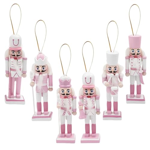 6p 12cm Pink Wooden Christmas Nutcracker Soldiers,Pink Christmas Ornaments,Christmas Tree Decorations Mini Nutcracker Figures Hanging Xmas Figures Puppet Soldiers Gifts Toy for Tree Decorations