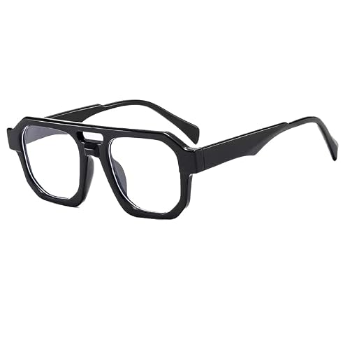 Siming Oversized Square Glasses, Black Frame, Clear Lens, Retro Aviator Style, Fashion Eyewear (Black)