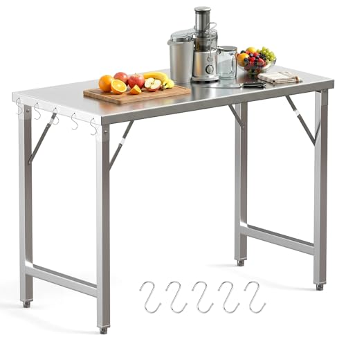 TLSUNNY Table de Travail Cuisine Pliante Acier Inoxydable 120x60cm, Établi de Restauration en Inox avec 5 Crochets, Pied Réglables, Charge 250kg,Table de...