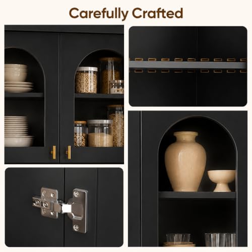 Image of ivaniti 71 inch Farmhouse Kitchen Pantry Cabinet Set of 3 with Arched Glass Doors, Black Freestanding Coffee Bar Hutch with Microwave Stand and Adjustable Shelves for Kitchen