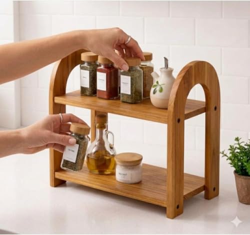 Image of 2-Tier Spice Rack, 13.8 Inch Wood Step Shelf Countertop Spice Storage Holder, Kitchen Pantry Cabinet Organizer Cupboard for Spice Bottles, Jars, Seasonings, Baking Supplies, (Brown, Oval)
