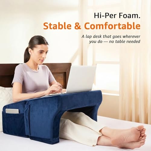 Image of Amazon Basics Foam Lapdesk Pillow for Laptop, Ergonomic Laptop Table Pillow for Bed, Sofa & Floor, Adjustable Height & Side Pocket, Portable Lap Desk for Work from Home, Study & Travel - Navy Blue