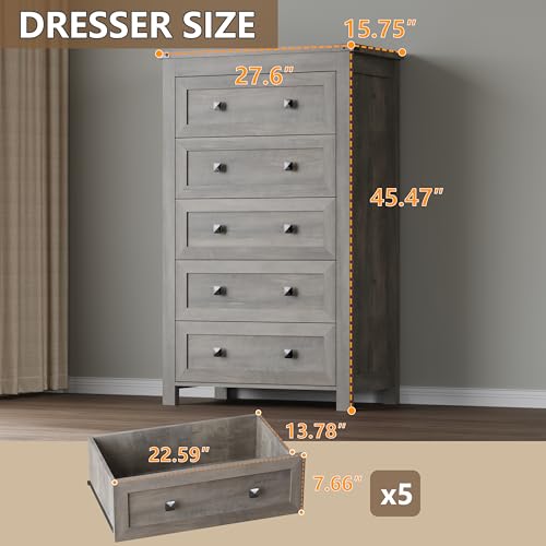 Image of BORNOON Tall 5-Drawer Dresser, Modern Wooden Storage Chest of Drawers, Dresser TV Stand, Wood Drawer Organizer with Metal Handles for Bedroom, Living Room, Hallway