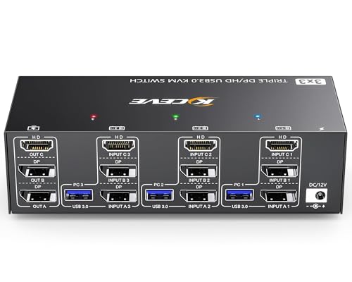 【Ottima compatibilità e 2 modalità di commutazione】 Camgeet KVM switch 3 monitor senza driver per Windows, Mac, Linux, Unix, Ubuntu e la maggior parte degli altri principali sistemi operativi. Supporta molti tipi di dispositivi di input come PC, laptop, PS4, DVR , NVR.it è ampiamente utilizzato per ufficio, giochi, riunioni, ecc. È possibile premere il pulsante sul pannello o utilizzare il telecomando cablato (incluso) per cambiare computer. I LED a due colori indicano il computer attivo.