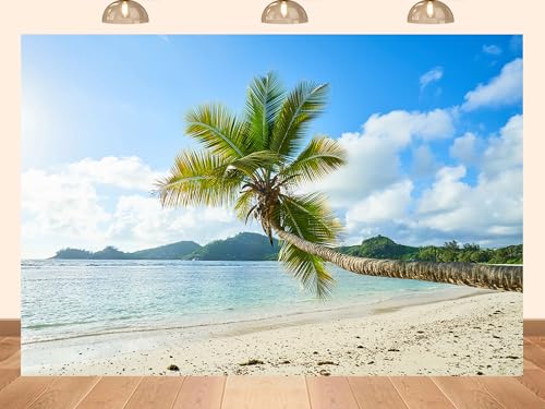 PEKRU 10x5ft Fabric Tropical Paradise Beach Backdrop with Leaning Palm